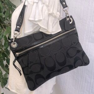 COACH Poppy Metallic C black & silver shoulder bag with blue satin inter…